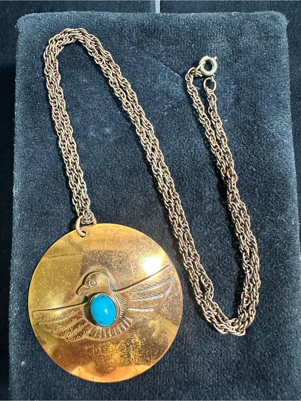 Vtg: Genuine Copper Turquoise Cabochon Eagle Pendant Necklace - Picture 4 of 10